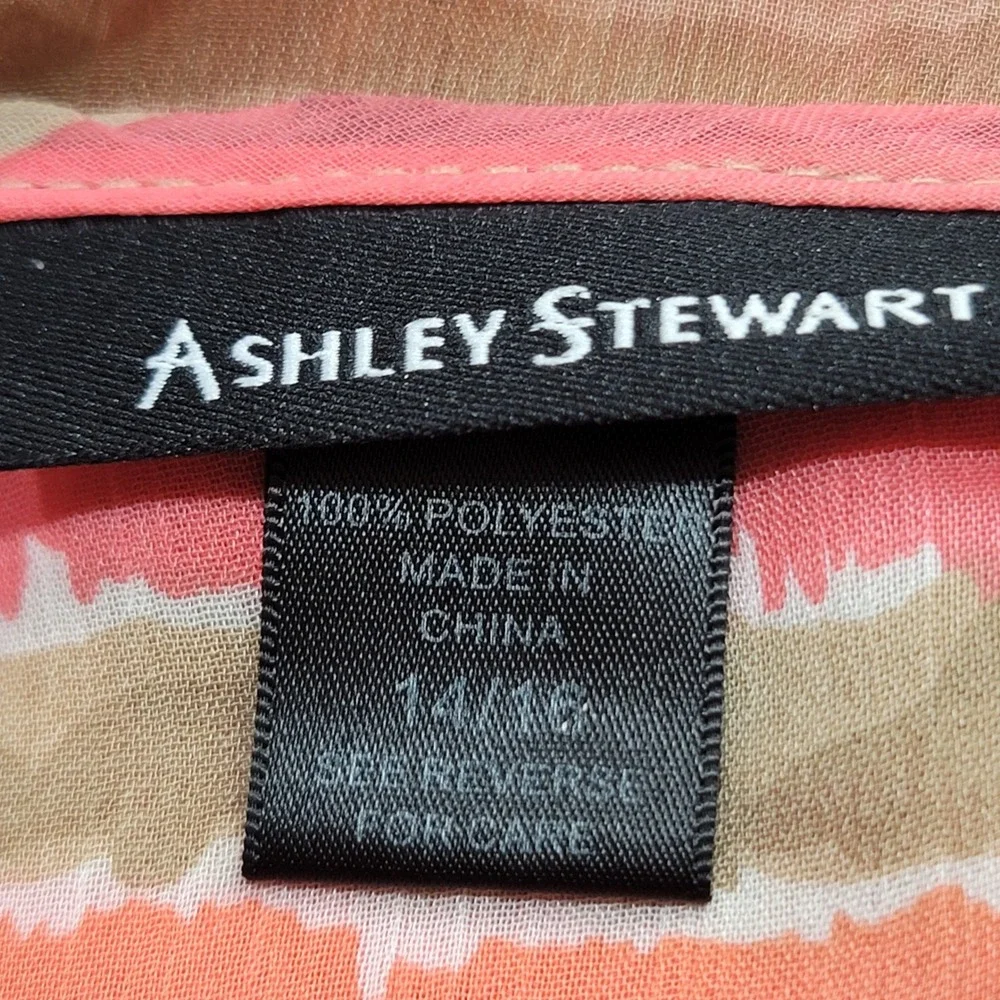 Ashley Stewart Chiffon Tunic 14/16 Coral Aztec Peasant Macrame Boho Beach Resort